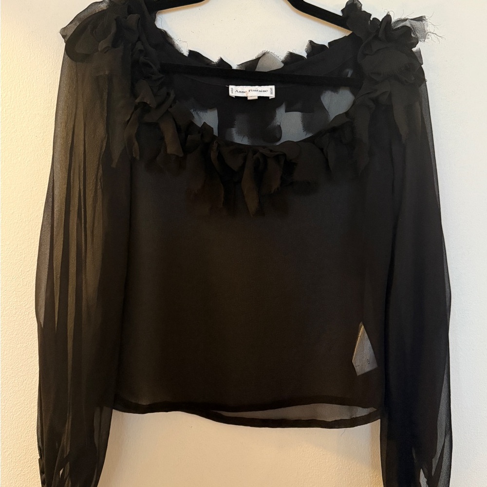 Anne Fontaine 100% Silk Black Sheer Ruffle Top